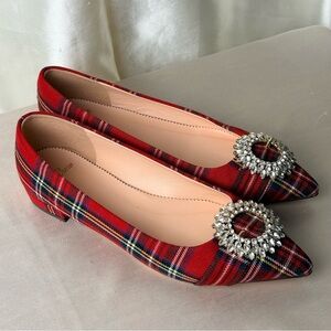 J Crew Red Plaid Flats with Sparkly Buckle- 6.5
